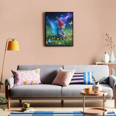 yvkew 5D Diamond Painting Cute Gnome Stress Relief Activity Living Room Wall Decor Minimalist Abstract Style Complete Tool Kit Included Blue-Winged Elf Boy in Starry Meadow 12x16 inch in Saudi Arabia