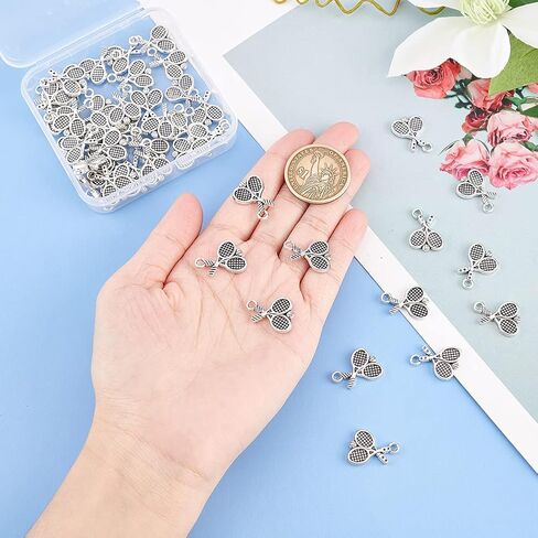 DICOSMETIC 50Pcs Tennis Racket Charms Bulk Tibetan Style Alloy Charms Antique Silver Tennis Racquet Charm Sports Theme Charm for Jewelry Craft Making, Hole: 2mm in Saudi Arabia