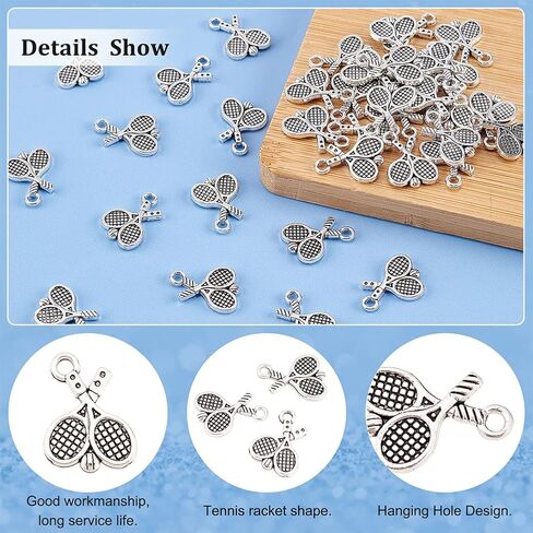 DICOSMETIC 50Pcs Tennis Racket Charms Bulk Tibetan Style Alloy Charms Antique Silver Tennis Racquet Charm Sports Theme Charm for Jewelry Craft Making, Hole: 2mm in Saudi Arabia