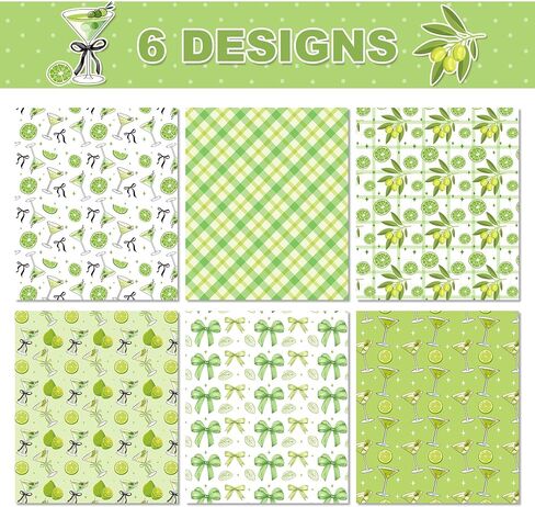 Martini Cocktail Cups Wrapp Wrappe - 12 ورقة من الأظافر Martini Gift Paper 6 Design Martinis Green Bow Pattern Paper for tini bit Brada Party Party Bridal Wedding Wedding 20 'x 27' ' in Saudi Arabia