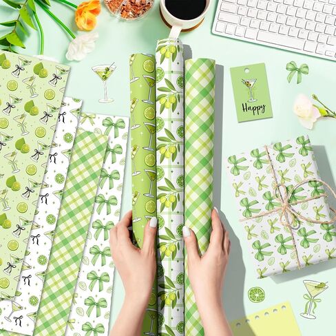 Martini Cocktail Cups Wrapp Wrappe - 12 ورقة من الأظافر Martini Gift Paper 6 Design Martinis Green Bow Pattern Paper for tini bit Brada Party Party Bridal Wedding Wedding 20 'x 27' ' in Saudi Arabia
