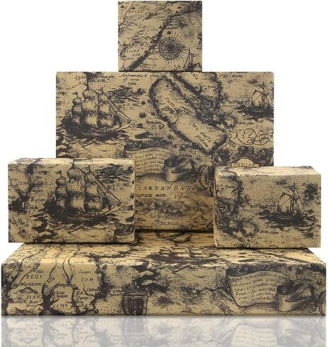 Vintage Antique Vintage Ancient Retro Black Mysterious Ocean Sea Far East World Old Map Sailing Boat Nautical Brown Kraft Wrapping Paper Folded Flat 4 Sheets 16 sq. ft. ttl For Traveller Christmas Hanukka Pirates Theme Gift Wrap in Saudi Arabia