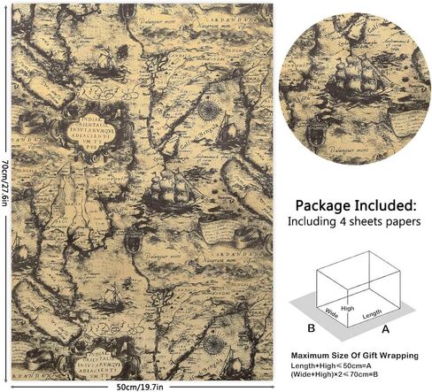 Vintage Antique Vintage Ancient Retro Black Mysterious Ocean Sea Far East World Old Map Sailing Boat Nautical Brown Kraft Wrapping Paper Folded Flat 4 Sheets 16 sq. ft. ttl For Traveller Christmas Hanukka Pirates Theme Gift Wrap in Saudi Arabia