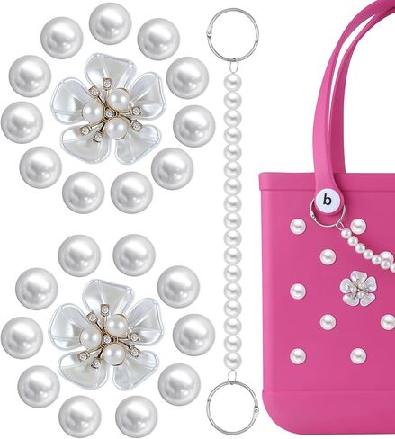 Pearl Flower Charms for Bogg Bags Accessories Women Girls with Detachable Chain - Stylish Durable Decorative for Croc Simply Southern Totes Rubber Beach Bags in Kuwait
