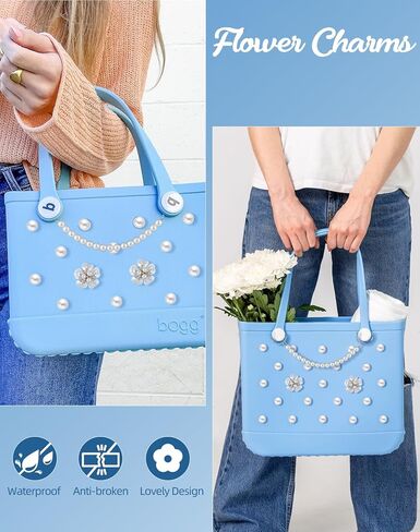 Pearl Flower Charms for Bogg Bags Accessories Women Girls with Detachable Chain - Stylish Durable Decorative for Croc Simply Southern Totes Rubber Beach Bags in Kuwait