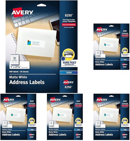 ملصقات عناوين بيضاء غير لامعة من Avery، تقنية Sure Feed، لاصق دائم، 1 بوصة × 2-5/8 بوصة، 600 ملصق (8250) in Kuwait