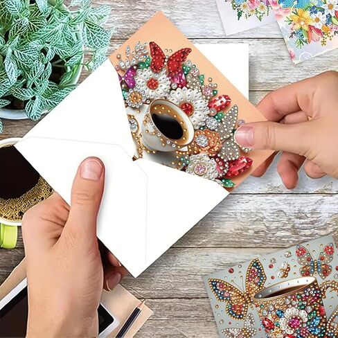 Maiyiyi 6 Pack DIY Good Morning Diamond Art Retaing Cards ، Coffee Diamond Painting Cards ، Butterfly Rose Diamond Art Cards with Andivets for Family Friends Holiday Birthday in Saudi Arabia