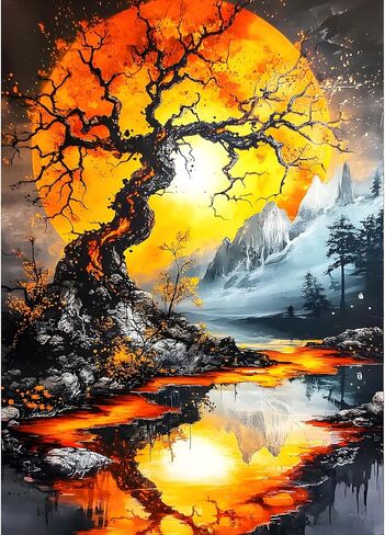 GDYEEH DIY 5D Orange Moon Diamond Art Kits, Round Full Drill Tree of Life Diamond Painting Picture, Moon Reflection Painting by Numbers Art Kits for Adults Beginners Home Wall Decor 12x16 inch in Saudi Arabia