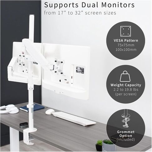 White Extra Tall Dual 17 to 32 Inch Monitor Pneumatic Sit-Stand Desk Stand - in Saudi Arabia