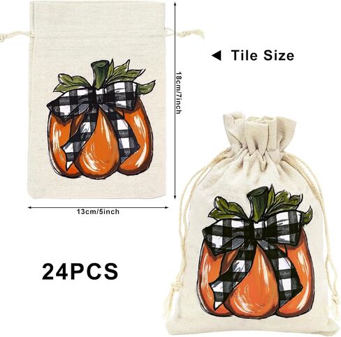 Whaline 24 Pack Fall Burlap Bags Pumpkin Drawstring Bags Watercolor Plaid Pumpkin Gift Bag Autumn Harvest Linen Jute Goody Bag for Fall Thanksgiving Christmas Halloween Party Favor DIY Craft Decor in Saudi Arabia