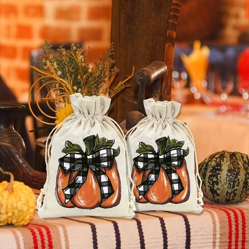 Whaline 24 Pack Fall Burlap Bags Pumpkin Drawstring Bags Watercolor Plaid Pumpkin Gift Bag Autumn Harvest Linen Jute Goody Bag for Fall Thanksgiving Christmas Halloween Party Favor DIY Craft Decor in Saudi Arabia