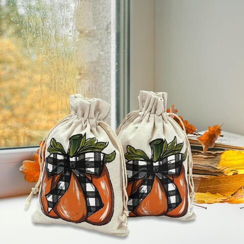 Whaline 24 Pack Fall Burlap Bags Pumpkin Drawstring Bags Watercolor Plaid Pumpkin Gift Bag Autumn Harvest Linen Jute Goody Bag for Fall Thanksgiving Christmas Halloween Party Favor DIY Craft Decor in Saudi Arabia