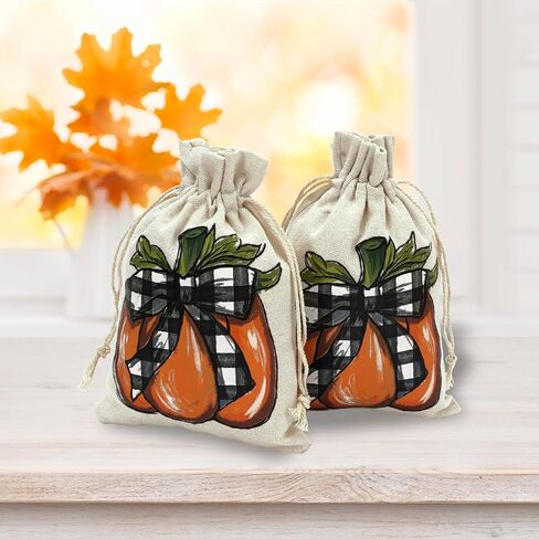 Whaline 24 Pack Fall Burlap Bags Pumpkin Drawstring Bags Watercolor Plaid Pumpkin Gift Bag Autumn Harvest Linen Jute Goody Bag for Fall Thanksgiving Christmas Halloween Party Favor DIY Craft Decor in Saudi Arabia