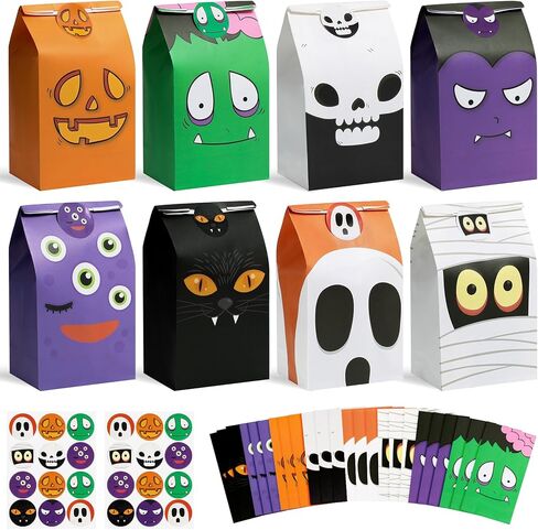 Riceduo 24 PCS Halloween Treat Accs - 8 تصميمات متنوعة خدعة هالوين أو علاج الحلوى الجيدة للأطفال - حقائب الورق الحرفية لحشو الأكياس ، لوازم الحفلات in Kuwait