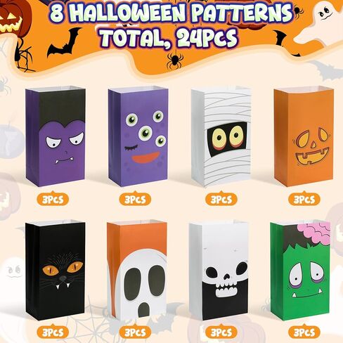 Riceduo 24 PCS Halloween Treat Accs - 8 تصميمات متنوعة خدعة هالوين أو علاج الحلوى الجيدة للأطفال - حقائب الورق الحرفية لحشو الأكياس ، لوازم الحفلات in Kuwait