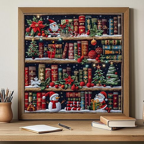 رف الكتب عيد الميلاد 1000 قطعة للألغاز للبالغين ، Pickforu صفحات الكتب الملونة بانشواتي الألغاز Santa Claus Snowman ، موضوع مكتبة التطريز الصعبة الصعبة مثل ديكور المنزل in Saudi Arabia