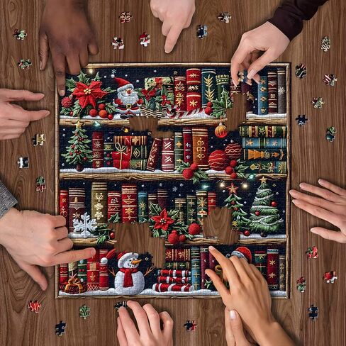 رف الكتب عيد الميلاد 1000 قطعة للألغاز للبالغين ، Pickforu صفحات الكتب الملونة بانشواتي الألغاز Santa Claus Snowman ، موضوع مكتبة التطريز الصعبة الصعبة مثل ديكور المنزل in Saudi Arabia