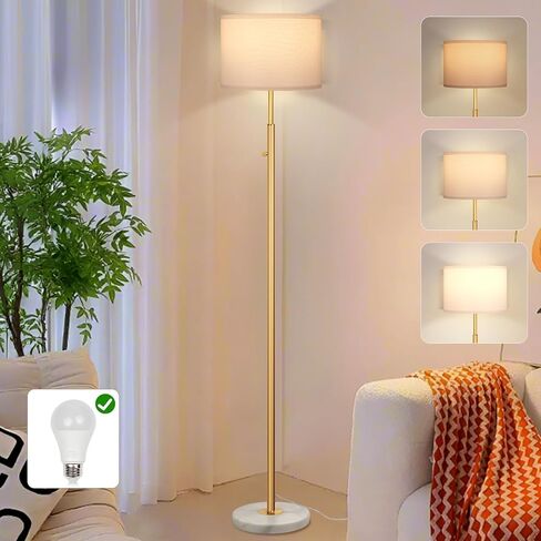 63.7" Floor Lamps for Living Room,Dimmable Lamps with White Marble Base Linen Shade,9W LED Bulb Included,Modern Standing Lamp with Gold Pole for Office Reading,Bedroom in Saudi Arabia