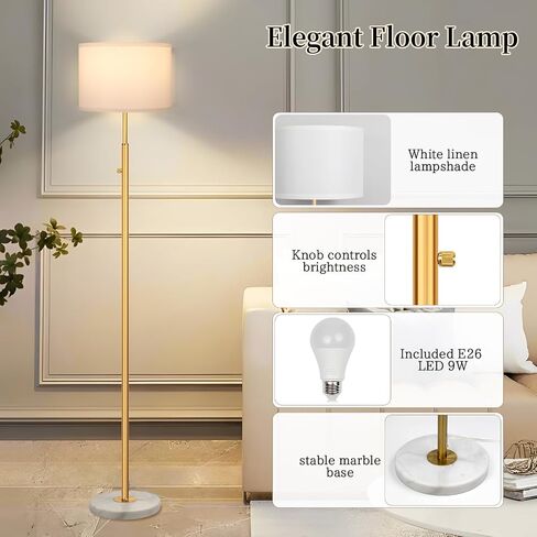 63.7" Floor Lamps for Living Room,Dimmable Lamps with White Marble Base Linen Shade,9W LED Bulb Included,Modern Standing Lamp with Gold Pole for Office Reading,Bedroom in Saudi Arabia