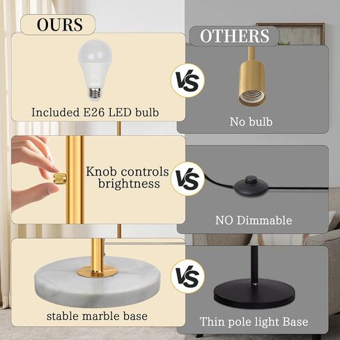63.7" Floor Lamps for Living Room,Dimmable Lamps with White Marble Base Linen Shade,9W LED Bulb Included,Modern Standing Lamp with Gold Pole for Office Reading,Bedroom in Saudi Arabia