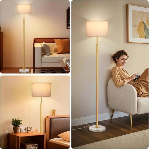 63.7" Floor Lamps for Living Room,Dimmable Lamps with White Marble Base Linen Shade,9W LED Bulb Included,Modern Standing Lamp with Gold Pole for Office Reading,Bedroom in Saudi Arabia
