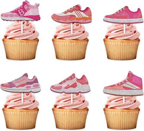 18pcs Pink Glitter Sports Skateboard Dessert Cupcake Topper Pick for Sports Shoes Theme Decor Supplies Women Girls Happy Birthday Party Decorations in Saudi Arabia