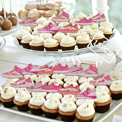18pcs Pink Glitter Sports Skateboard Dessert Cupcake Topper Pick for Sports Shoes Theme Decor Supplies Women Girls Happy Birthday Party Decorations in Saudi Arabia