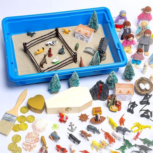 Soulchen Play Therapy Sandtray Portable Starter Kit - Sandtray Play مع صينية ورمل وحقيبة تخزين وفرشاة و 178 مصغرة من الخيال الطبيعي والعديد من الموضوعات الأخرى للعلاج النفسي in Kuwait