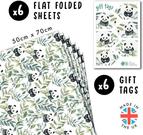 CENTRAL 23 Panda Wrapping Paper - 6 Sheets Of Eco-Friendly Gift Wrap - Panda Bear And Leaves - White Wrapping Paper For Birthday Anniversary Christmas - Comes With Stickers in Saudi Arabia