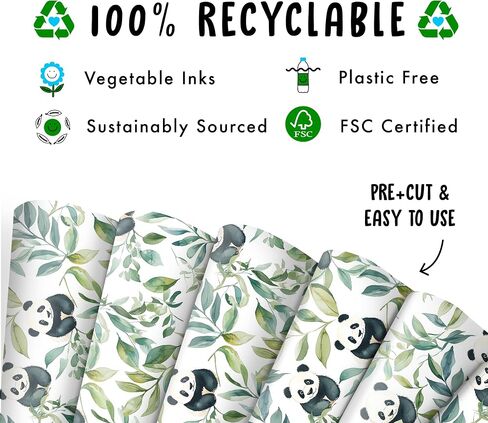 CENTRAL 23 Panda Wrapping Paper - 6 Sheets Of Eco-Friendly Gift Wrap - Panda Bear And Leaves - White Wrapping Paper For Birthday Anniversary Christmas - Comes With Stickers in Saudi Arabia