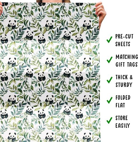 CENTRAL 23 Panda Wrapping Paper - 6 Sheets Of Eco-Friendly Gift Wrap - Panda Bear And Leaves - White Wrapping Paper For Birthday Anniversary Christmas - Comes With Stickers in Saudi Arabia