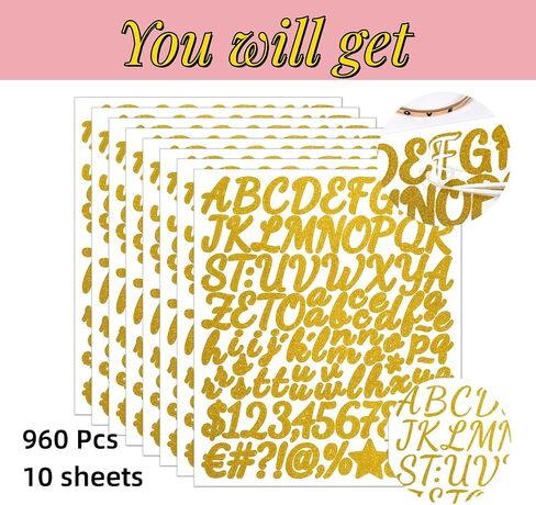 960Pcs Silver Glitter Letter Stickers 10 Sheets Alphabet Stickers 1Inch Vinyl Self-Adhesive Waterproof Numbers Symbols for Scrapbook Graduation Cap Gift Packaging in Saudi Arabia