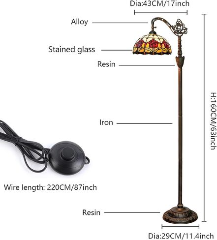 Tiffany Floor Lamp Vintage Standing Lamp Rose flowers Style Stained Glass Floor Light Rustic Corner Gooseneck Floor Lamp with Adjustable Angle for Home Decor Living Room Bedroom 12X12X63 Inches in Kuwait