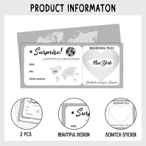 Surprise Trip Reveal Ideas Boarding Pass Ticket with Envelopes, 5 Set 3.5"x8"Gray Travel Ticket Gift, Special for Holiday Birthday Valentine's Day Christmas Wedding Gift Card-005/5 in Kuwait