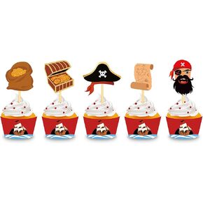 40 Sets Pirate Cupcake Wappers and Cupcake Toppers, Cartoon Pirate Cupcake Decoration Cup Holder, Suitable for Birthday Party Decorations in Saudi Arabia