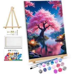 طلاء Jooz by Numbers للأرقام للبالغين مع طلاء الأشجار الزهر easel Cherry برقم مع Frame Lake Scenery Paint by Number Kits Painting by Forms Home Home Wall Decor in Kuwait