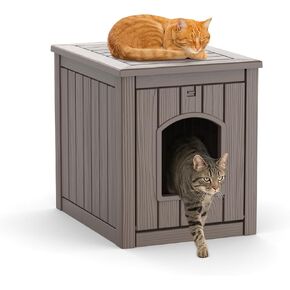 Vixzen Cat House Resin Outdoor Cat House with Flip Lid مرتفعة أرضية مرتفعة مقاومة للماء سهلة الوصول سهل التجميع سهل تنظيف المنازل للقطط في الهواء الطلق والرمادي in Kuwait