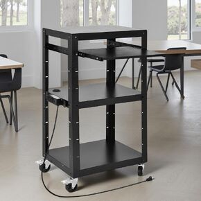 DWVO AV Presentation Cart Stand with Locking Cabinet, Steel Rolling Metal Cart on Wheels with Keyboard Tray & 16.4ft Cord for Video Projector, TV, Laptop Computers, Printers, Black in Kuwait