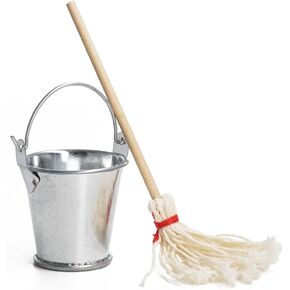 Odoria 1/12 Miniature Mop and Metal Bucket Mini Tin Buckets Miniatures Dollhouse Cleaning Accessories Doll House Accessory in Kuwait