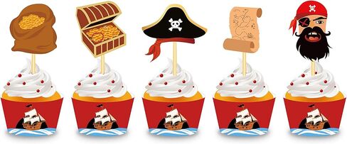 40 Sets Pirate Cupcake Wappers and Cupcake Toppers, Cartoon Pirate Cupcake Decoration Cup Holder, Suitable for Birthday Party Decorations in Saudi Arabia