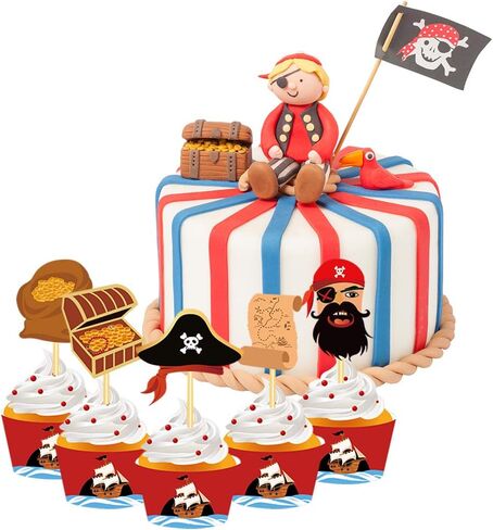 40 Sets Pirate Cupcake Wappers and Cupcake Toppers, Cartoon Pirate Cupcake Decoration Cup Holder, Suitable for Birthday Party Decorations in Saudi Arabia