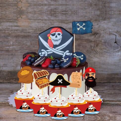 40 Sets Pirate Cupcake Wappers and Cupcake Toppers, Cartoon Pirate Cupcake Decoration Cup Holder, Suitable for Birthday Party Decorations in Saudi Arabia