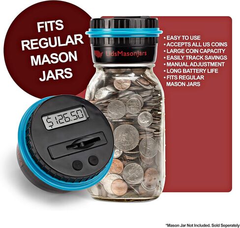 Lidsmasonjars-Digital Bank Bank-Pinggy Bank للبالغين فقط يناسب البالغين بطاريات العد المنقولة بالغطاء الماسون المعدني-2-AAA غير المدرجة. in Saudi Arabia