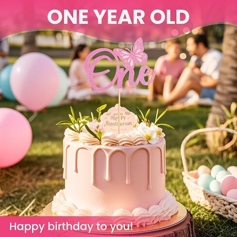 One Cake Topper, First Birthday Cake Topper, Butterfly One Cake Topper Rose Gold Glitter Shower Butterfly One Year Old Birthday Decorations for Party Cake Decorating Supplies(Pink) in Saudi Arabia
