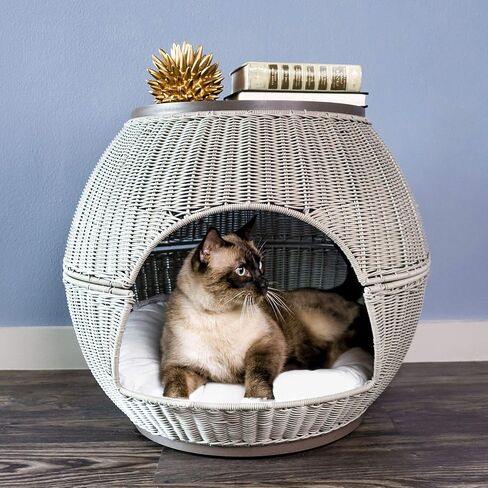 Igloo Indoor Dog Bed & Cat Bed in Espresso, Multipurpose Pet Bed with Table Top, Claw-Proof Faux Rattan is Easy to Clean, Includes Washable & Replaceable Covered Cushion in Saudi Arabia