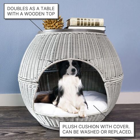 Igloo Indoor Dog Bed & Cat Bed in Espresso, Multipurpose Pet Bed with Table Top, Claw-Proof Faux Rattan is Easy to Clean, Includes Washable & Replaceable Covered Cushion in Saudi Arabia