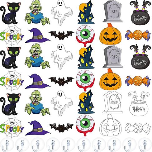 Jenaai 72 PCS Halloween Window Art Suncatcher Kits DIY Window Suncatchers زخرفة للأطفال للطلاء مع 24 كوب شفط لأطفال هدية in Saudi Arabia