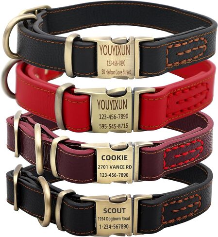 Personalized Leather Dog Collars,Custom Double-Layer Genuine Leather Dog Collar Engraved with Name and Phone Number,Quick-Release Buckle for Small Medium Large Dogs-Black,Medium in Saudi Arabia