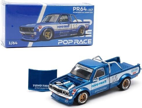 Diecast Collectibles Model Car Compatible with Pop Race 1:64 Pandem Datsun 620 Pickup Truck #66 Blue Metallic with White Stripes and Graphics Limited Edition PR640217 in Saudi Arabia