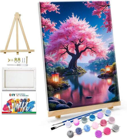 طلاء Jooz by Numbers للأرقام للبالغين مع طلاء الأشجار الزهر easel Cherry برقم مع Frame Lake Scenery Paint by Number Kits Painting by Forms Home Home Wall Decor in Kuwait